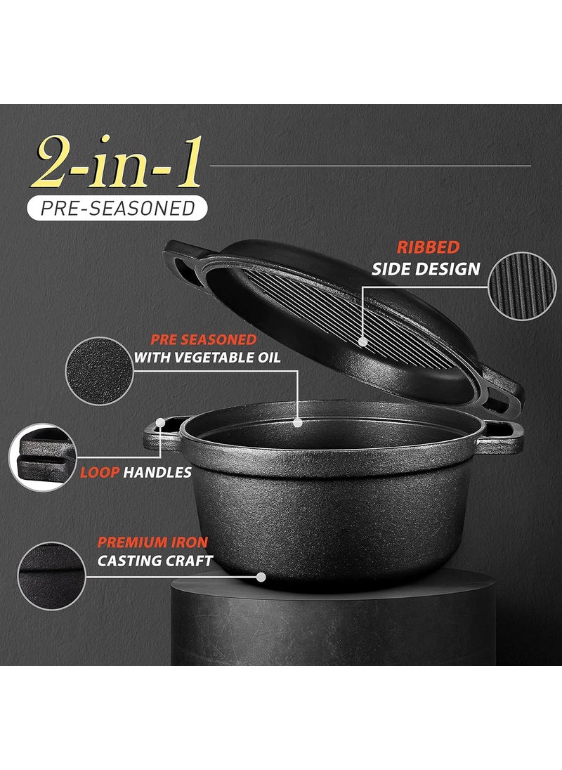 CountryCook PreSeasoned 2 in 1 Cast Iron 5L Biryani PotHandi with Grill Lid Thick Bottom for Slow Cooking Induction Friendly Heavy Duty