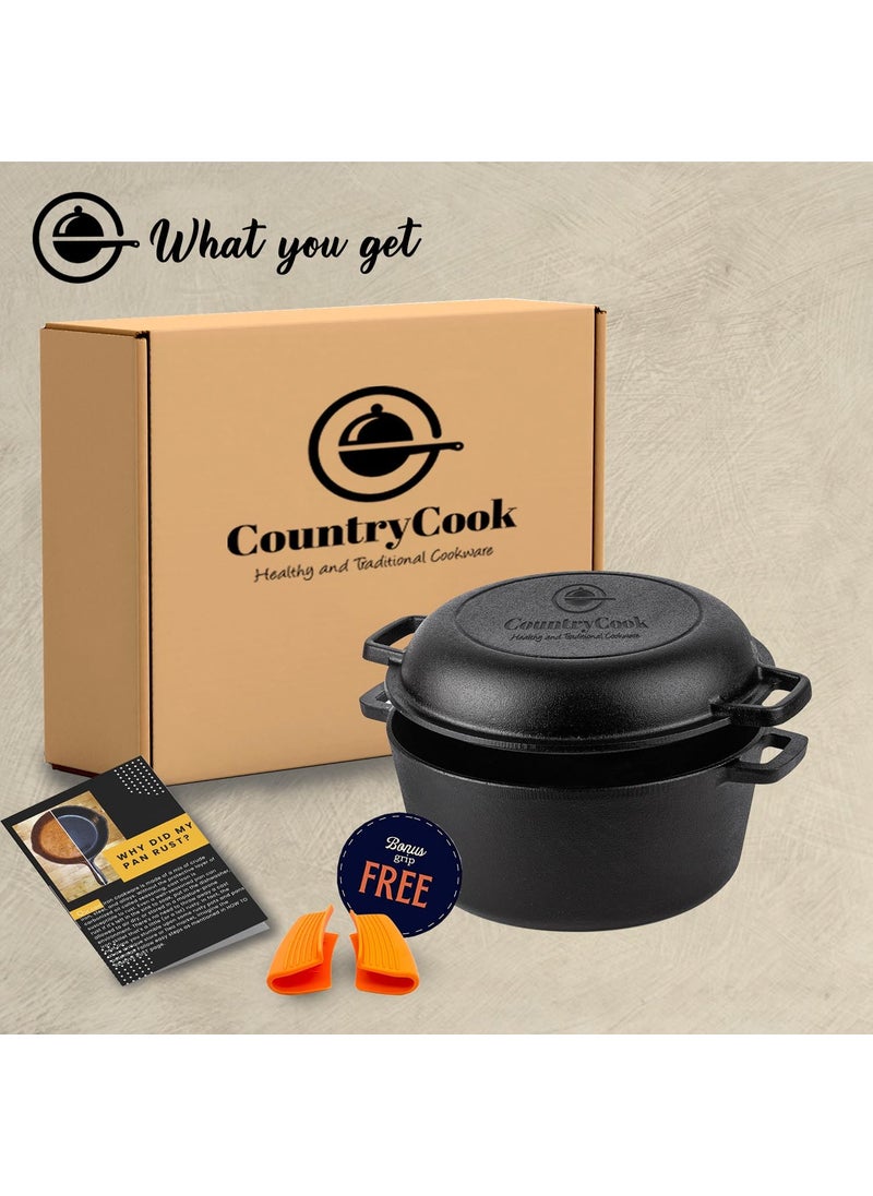 CountryCook PreSeasoned 2 in 1 Cast Iron 5L Biryani PotHandi with Grill Lid Thick Bottom for Slow Cooking Induction Friendly Heavy Duty