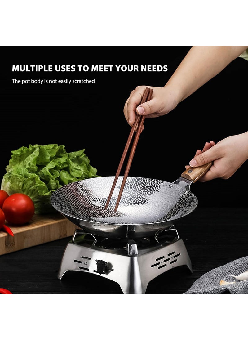 BHAJANSHREE 10 Stainless Steel Griddle Wok NonStick Hammered Cookware Round Bottom Wooden Handle Fast Heating Pan Frying Hot Pot SeafoodEggs Portable Chinese Cooking Pan Various Stoves