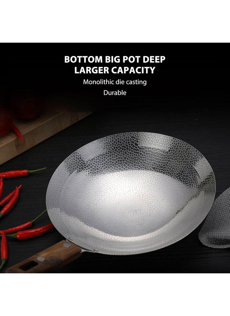 BHAJANSHREE 10 Stainless Steel Griddle Wok NonStick Hammered Cookware Round Bottom Wooden Handle Fast Heating Pan Frying Hot Pot SeafoodEggs Portable Chinese Cooking Pan Various Stoves