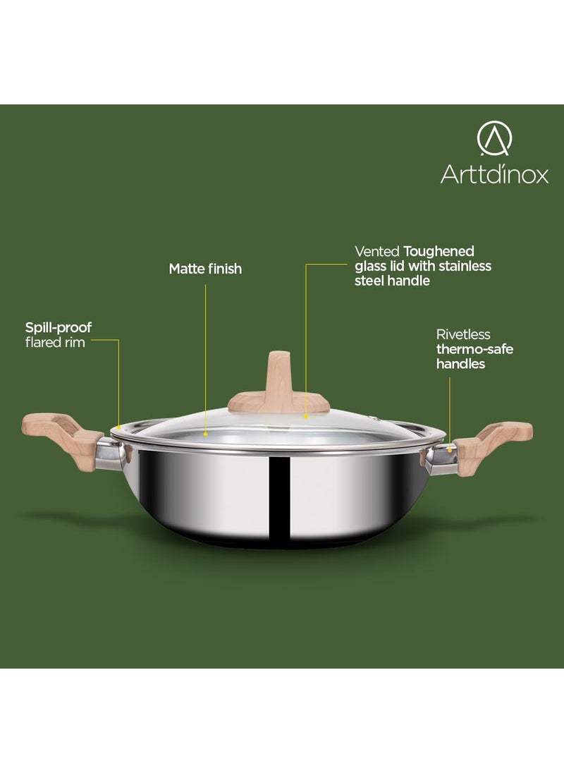 ARTTDINOX Timber Triply Stainless Steel Kadai Triply Cookware Triply Kadai Steel Kadai for Cooking Triply Kadhai with Lid 24cm 27Ltr Jindal Stainless Silver
