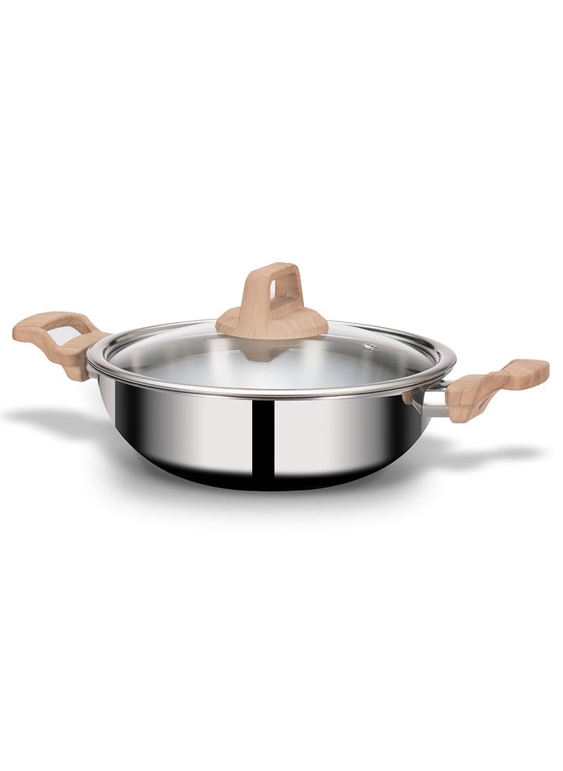 ARTTDINOX Timber Triply Stainless Steel Kadai Triply Cookware Triply Kadai Steel Kadai for Cooking Triply Kadhai with Lid 24cm 27Ltr Jindal Stainless Silver