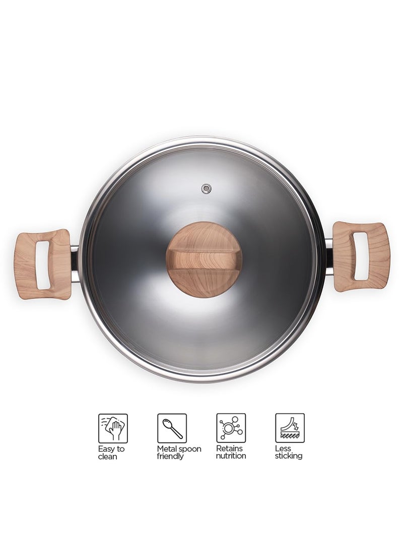 ARTTDINOX Timber Triply Stainless Steel Kadai Triply Cookware Triply Kadai Steel Kadai for Cooking Triply Kadhai with Lid 24cm 27Ltr Jindal Stainless Silver