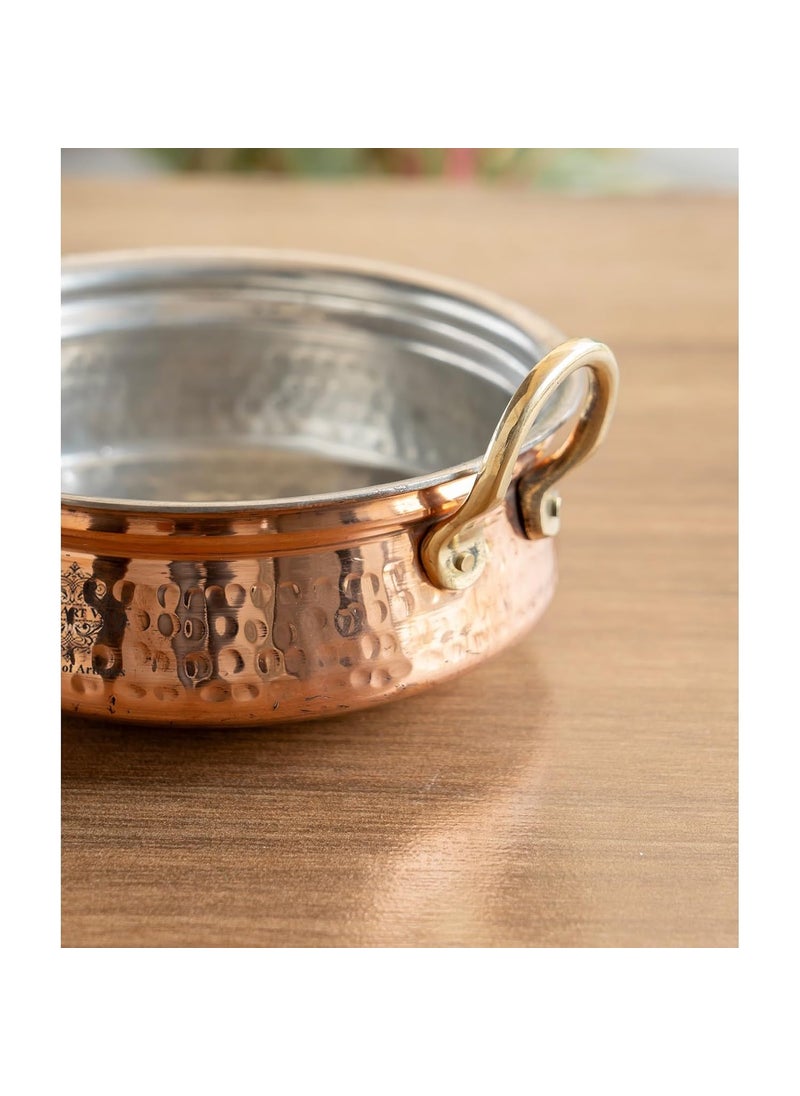 INDIAN ART VILLA Pure Copper Hammered Serving Kadhai with Tin Lining Brass Handles Traditional Copper Cookware for Serving Curries Gravies Biryani Volume480