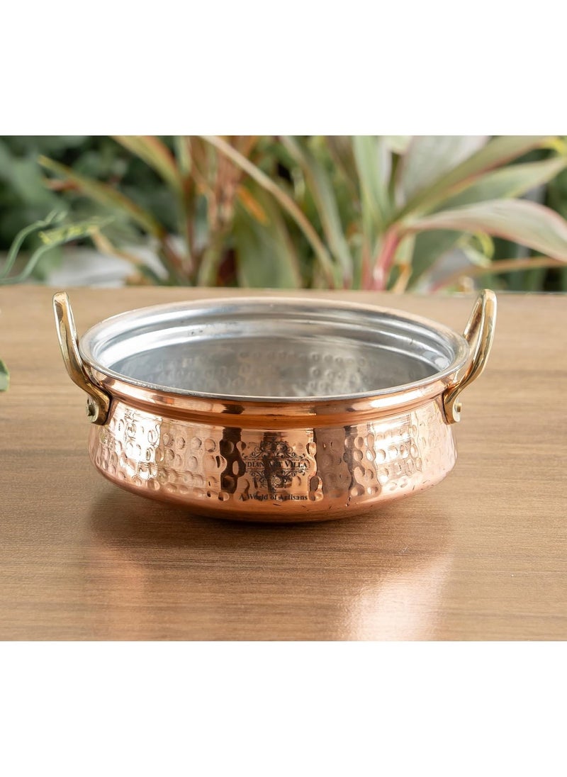 INDIAN ART VILLA Pure Copper Hammered Serving Kadhai with Tin Lining Brass Handles Traditional Copper Cookware for Serving Curries Gravies Biryani Volume480