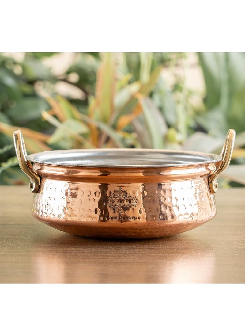 INDIAN ART VILLA Pure Copper Hammered Serving Kadhai with Tin Lining Brass Handles Traditional Copper Cookware for Serving Curries Gravies Biryani Volume480