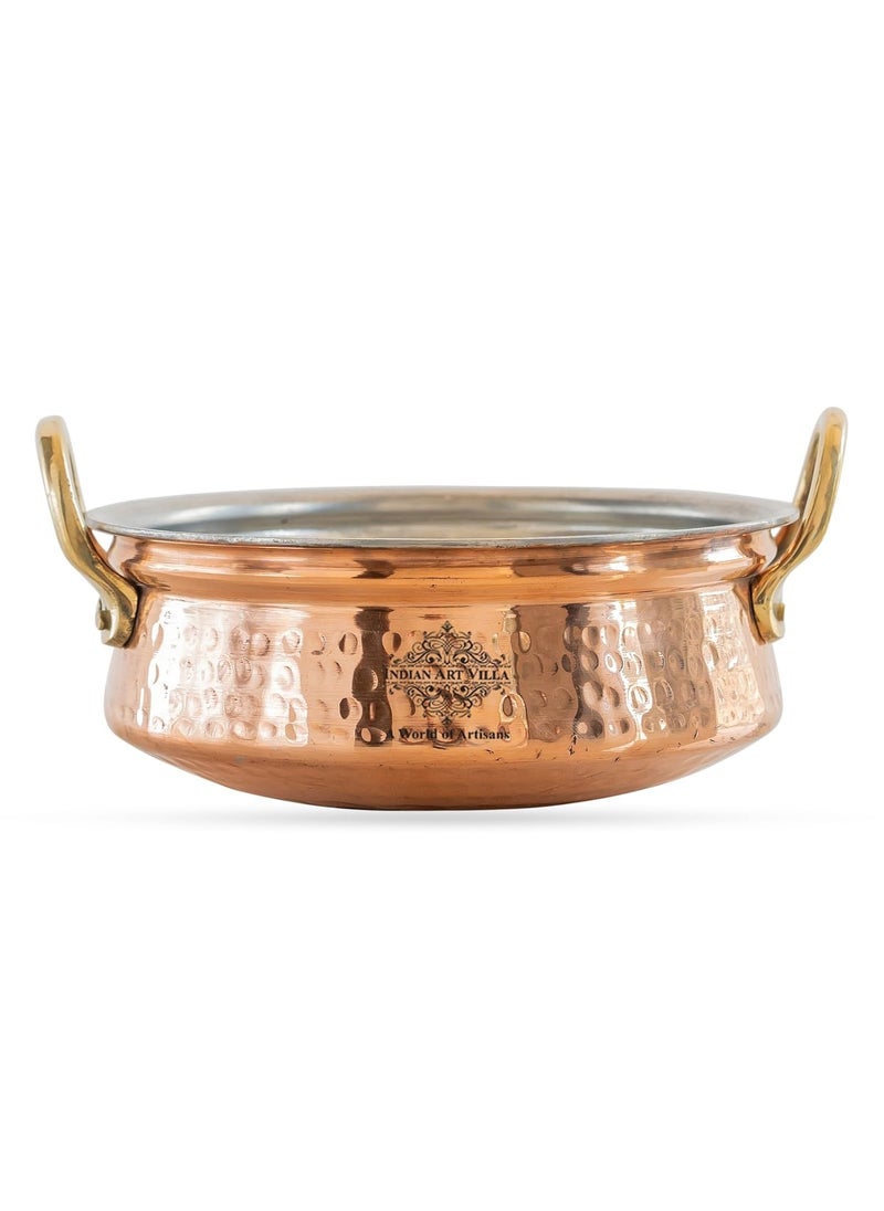 INDIAN ART VILLA Pure Copper Hammered Serving Kadhai with Tin Lining Brass Handles Traditional Copper Cookware for Serving Curries Gravies Biryani Volume480