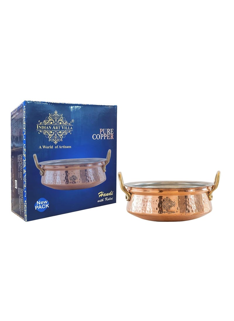 INDIAN ART VILLA Pure Copper Hammered Serving Kadhai with Tin Lining Brass Handles Traditional Copper Cookware for Serving Curries Gravies Biryani Volume480