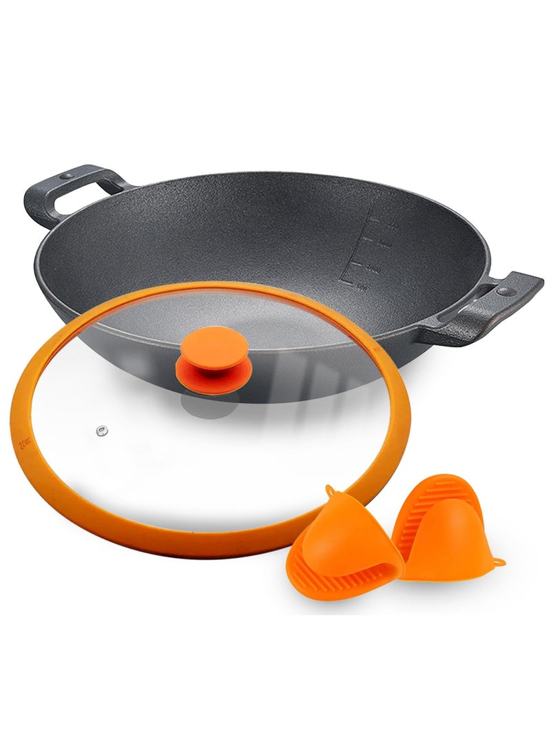 CountryCook PreSeasoned Cast Iron WokKadaiKadhai 26 Cms Cookware With Glass Lid Heavy Duty Induction Friendly Orange