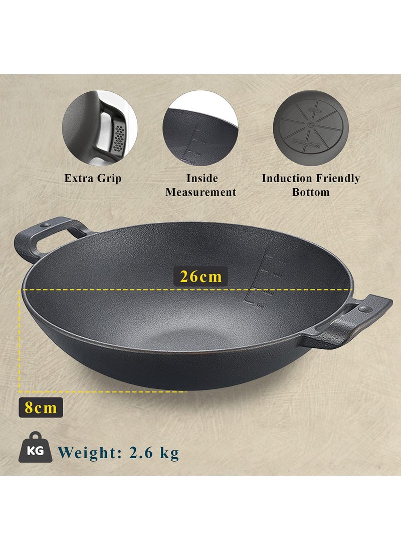 CountryCook PreSeasoned Cast Iron WokKadaiKadhai 26 Cms Cookware With Glass Lid Heavy Duty Induction Friendly Orange