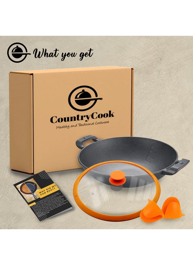 CountryCook PreSeasoned Cast Iron WokKadaiKadhai 26 Cms Cookware With Glass Lid Heavy Duty Induction Friendly Orange
