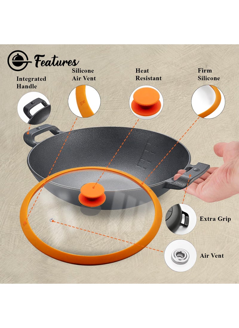 CountryCook PreSeasoned Cast Iron WokKadaiKadhai 26 Cms Cookware With Glass Lid Heavy Duty Induction Friendly Orange