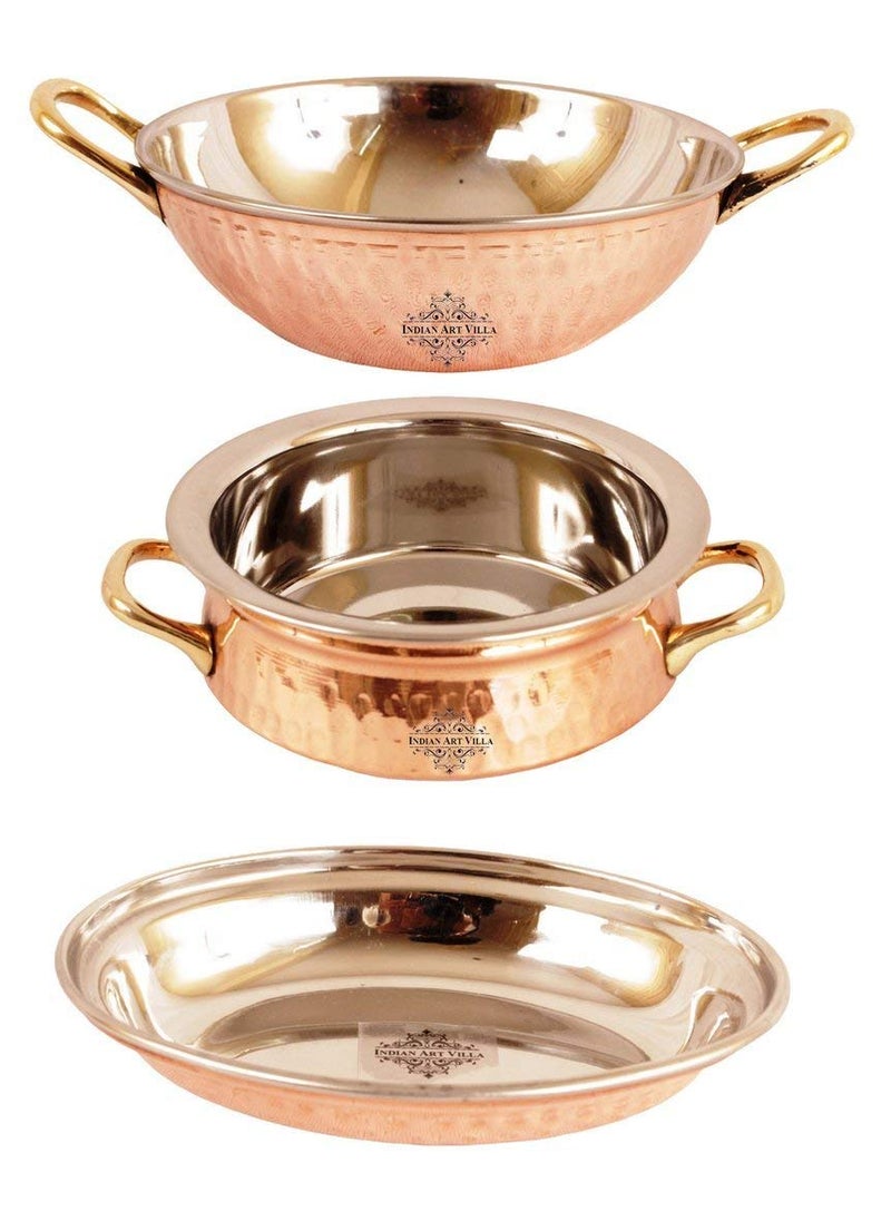 IndianArtVilla Steel Copper 1 Kadhai Wok Bowl with 1 Handi 1 Platter Serving Dishes Home Restaurant 3 Pieces