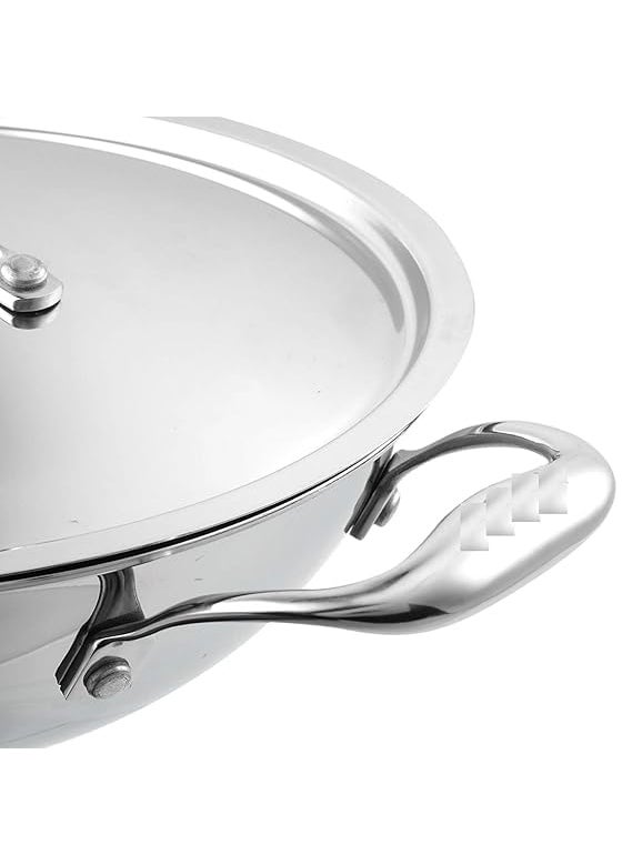 Shopsidex Platinum Triply Stainless Steel Kadai with Stainless Steel Lid 25 litres Capacity 24 cm Diameter with Riveted Handles Induction and Gas Stove Friendly