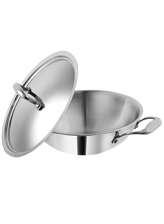 Shopsidex Platinum Triply Stainless Steel Kadai with Stainless Steel Lid 25 litres Capacity 24 cm Diameter with Riveted Handles Induction and Gas Stove Friendly