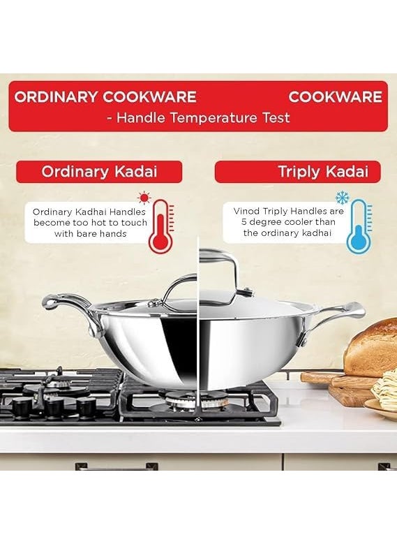 Shopsidex Platinum Triply Stainless Steel Kadai with Stainless Steel Lid 25 litres Capacity 24 cm Diameter with Riveted Handles Induction and Gas Stove Friendly
