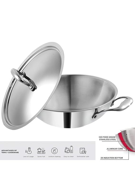 Shopsidex Platinum Triply Stainless Steel Kadai with Stainless Steel Lid 25 litres Capacity 24 cm Diameter with Riveted Handles Induction and Gas Stove Friendly