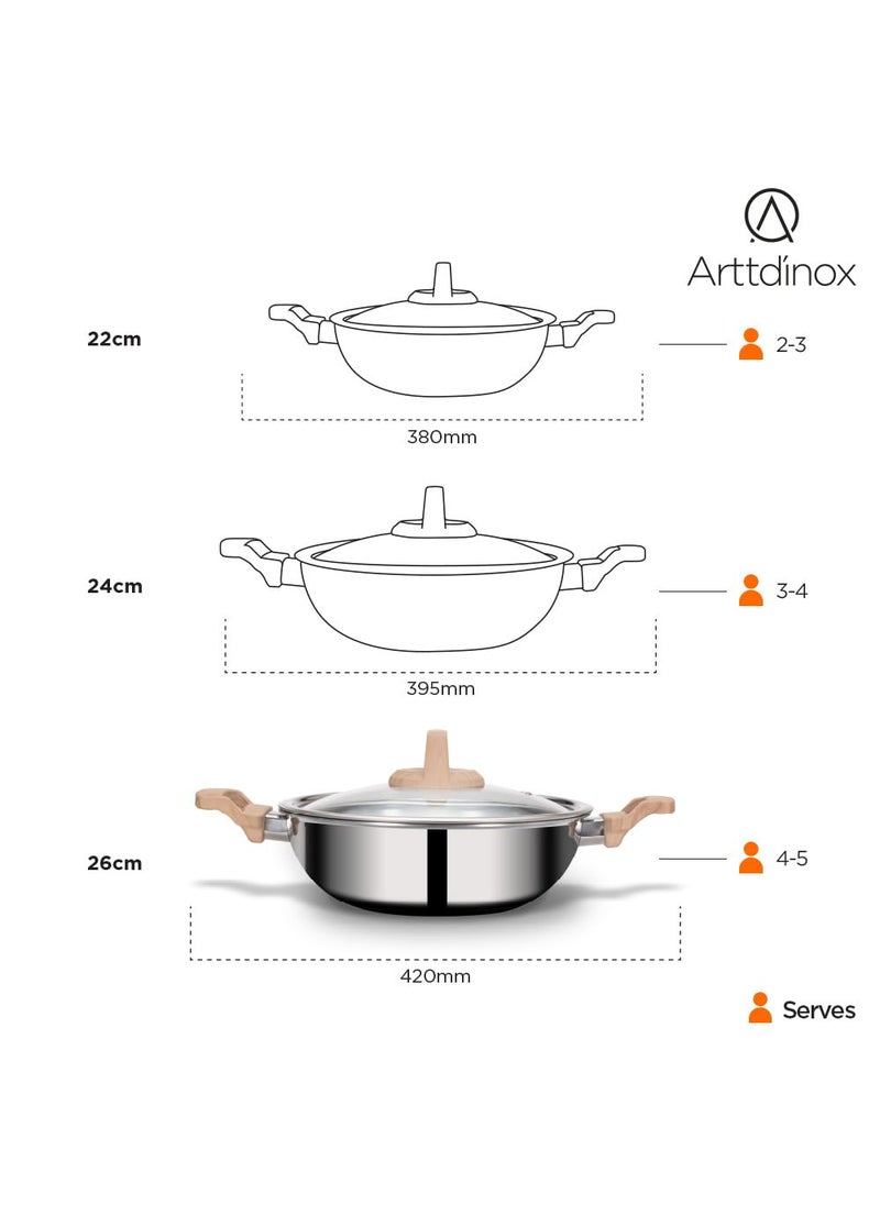 ARTTDINOX Timber Triply Stainless Steel Kadai Triply Cookware Triply Kadhai Steel Kadai for Cooking Triply Kadai with Lid 22cm21Ltr Jindal Stainless Silver
