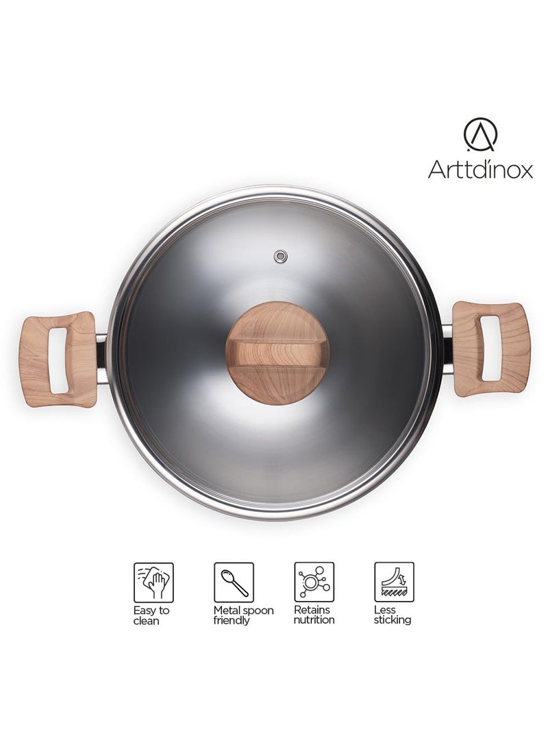 ARTTDINOX Timber Triply Stainless Steel Kadai Triply Cookware Triply Kadhai Steel Kadai for Cooking Triply Kadai with Lid 22cm21Ltr Jindal Stainless Silver
