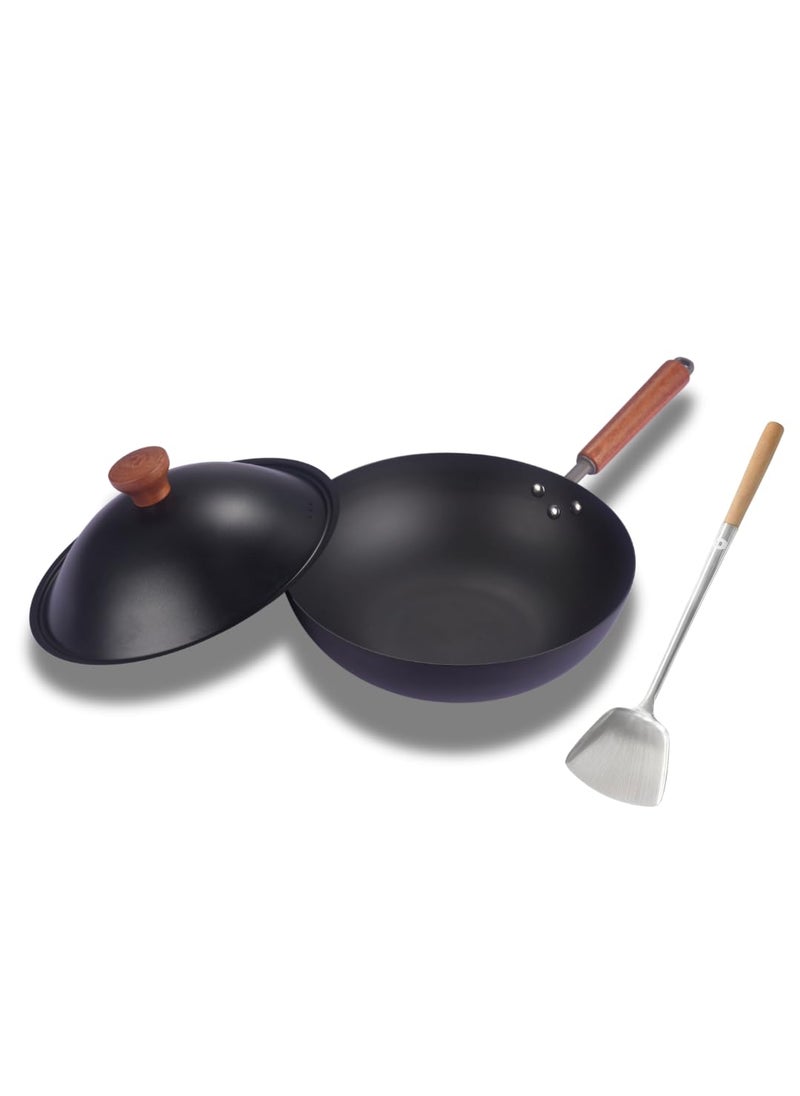 NUTRION Titanium Coated Carbon Steel Wok with Wooden Handle and Spatula 30 cm Diameter Black