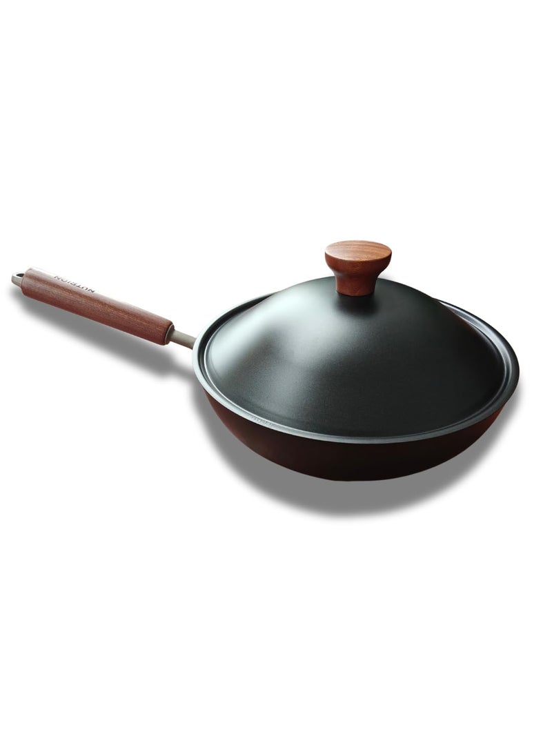 NUTRION Titanium Coated Carbon Steel Wok with Wooden Handle and Spatula 30 cm Diameter Black