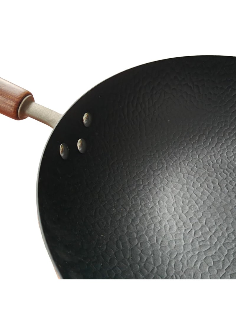 NUTRION Titanium Coated Carbon Steel Wok with Wooden Handle and Spatula 30 cm Diameter Black