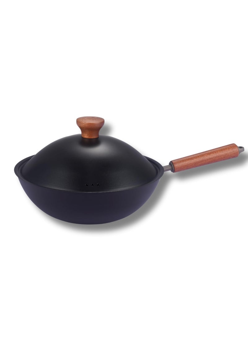 NUTRION Titanium Coated Carbon Steel Wok with Wooden Handle and Spatula 30 cm Diameter Black