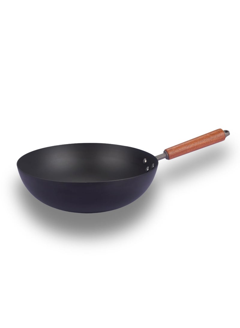 NUTRION Titanium Coated Carbon Steel Wok with Wooden Handle and Spatula 30 cm Diameter Black