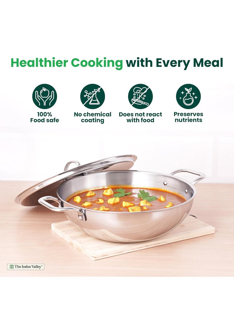 The Indus Valley Triply Stainless Steel KadaiKadhai with Steel Lid 24cm94 inch 3Ltr 17kg Induction Friendly Nonstick 3Layer Body 100 ToxinFree No Chemical Coating