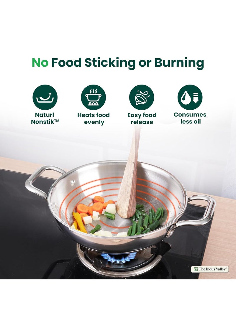 The Indus Valley Triply Stainless Steel KadaiKadhai with Steel Lid 24cm94 inch 3Ltr 17kg Induction Friendly Nonstick 3Layer Body 100 ToxinFree No Chemical Coating