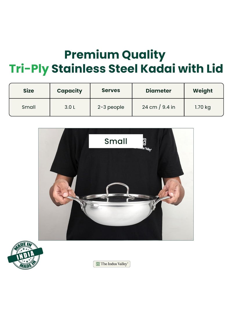 The Indus Valley Triply Stainless Steel KadaiKadhai with Steel Lid 24cm94 inch 3Ltr 17kg Induction Friendly Nonstick 3Layer Body 100 ToxinFree No Chemical Coating