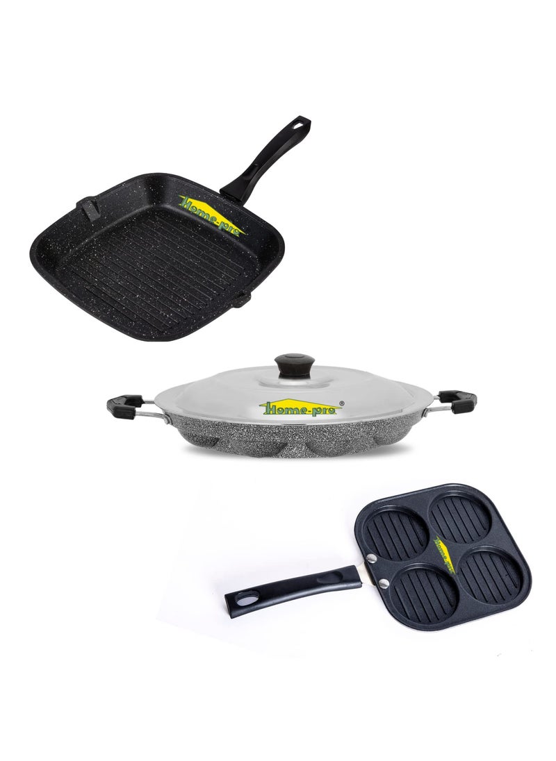 HomePro Grill Pan Uttapam Appam Silver Non Stick Combos Pot Pan Set Aluminium Set Bakelite Handle Combo Pack of 3