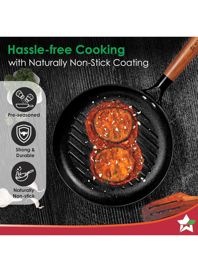 Wonderchef PreSeasoned Ferro Light 24cm Grill Pan 25MM Acacia Wooden Handles Gravity Moulding Technology No Chemical Coating 10 Year Warranty