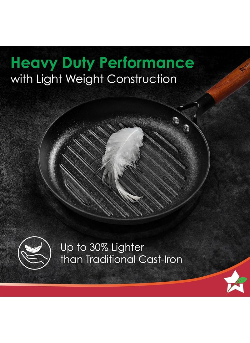Wonderchef PreSeasoned Ferro Light 24cm Grill Pan 25MM Acacia Wooden Handles Gravity Moulding Technology No Chemical Coating 10 Year Warranty