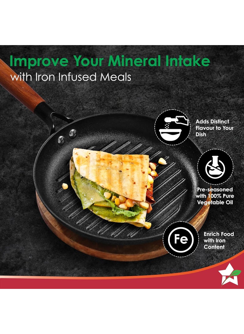 Wonderchef PreSeasoned Ferro Light 24cm Grill Pan 25MM Acacia Wooden Handles Gravity Moulding Technology No Chemical Coating 10 Year Warranty