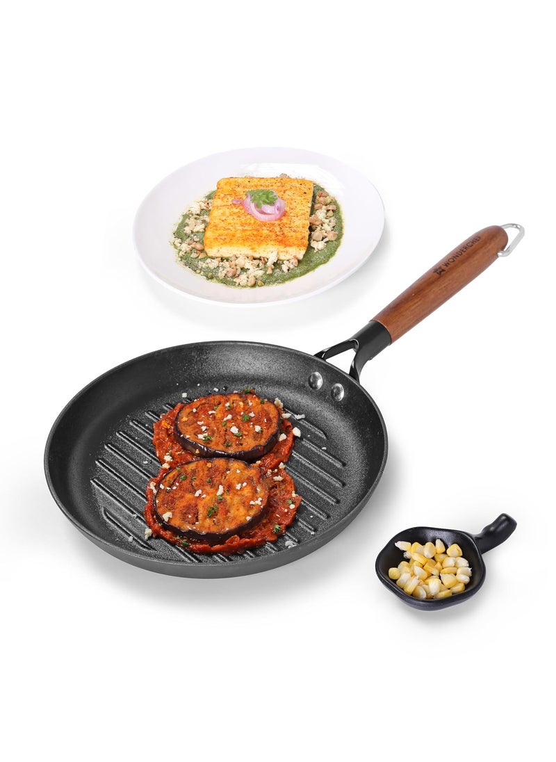 Wonderchef PreSeasoned Ferro Light 24cm Grill Pan 25MM Acacia Wooden Handles Gravity Moulding Technology No Chemical Coating 10 Year Warranty