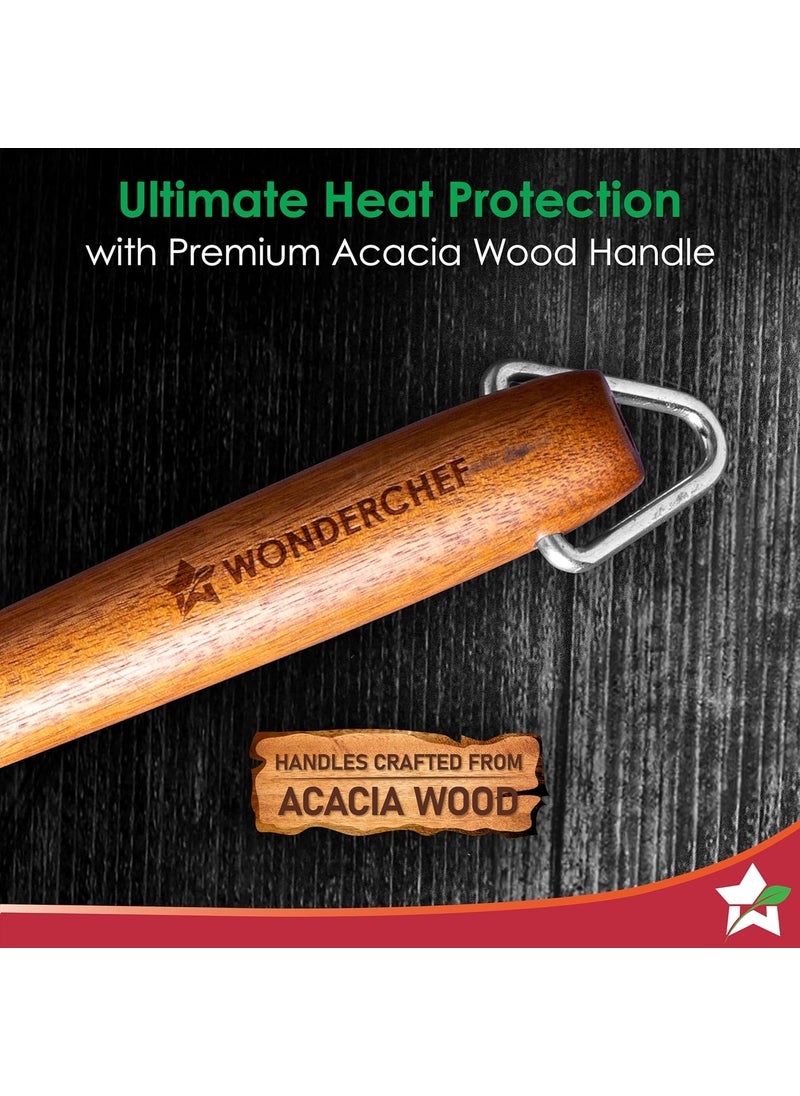Wonderchef PreSeasoned Ferro Light 24cm Grill Pan 25MM Acacia Wooden Handles Gravity Moulding Technology No Chemical Coating 10 Year Warranty