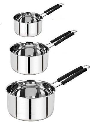 VARSHA INTERNATIONAL Stainless Steel Multipurpose Sauce Pan Sauce Pot Milk Pan for Kitchen Restaurant Cooking Heat Proof Handle Rust Resistant Dishwasher Safe 3 Pcs Silver 115 2 Litre