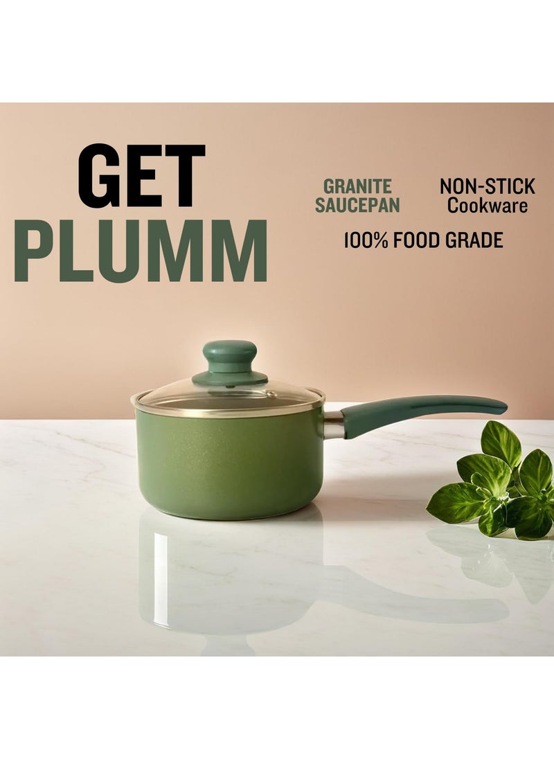 GET PLUMM Sauce Pan Induction Base Sauce Pan for Tea Gas Stove Compatible Pan for Making Tea Milk Boiler Cookware with Ceramic Coating Black Bakelite Handle Green 16 cm