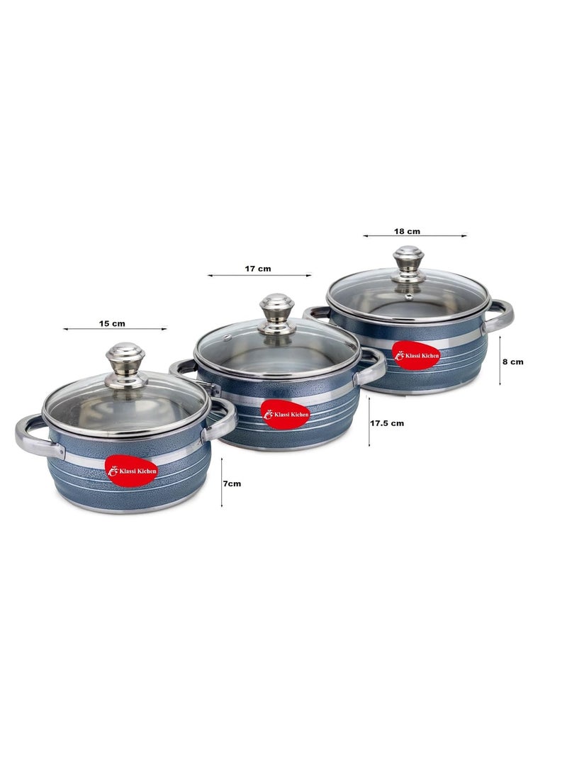 Klassi Kichen Stainless Steel Bremen Saucepot with Glass Lid 3 Pieces Capacity 115 and 2 Litre Induction and Gas Stove Friendly 2 Year Warranty Blue