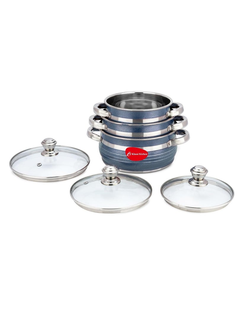 Klassi Kichen Stainless Steel Bremen Saucepot with Glass Lid 3 Pieces Capacity 115 and 2 Litre Induction and Gas Stove Friendly 2 Year Warranty Blue
