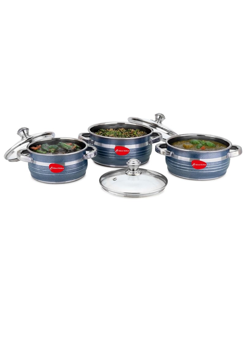 Klassi Kichen Stainless Steel Bremen Saucepot with Glass Lid 3 Pieces Capacity 115 and 2 Litre Induction and Gas Stove Friendly 2 Year Warranty Blue