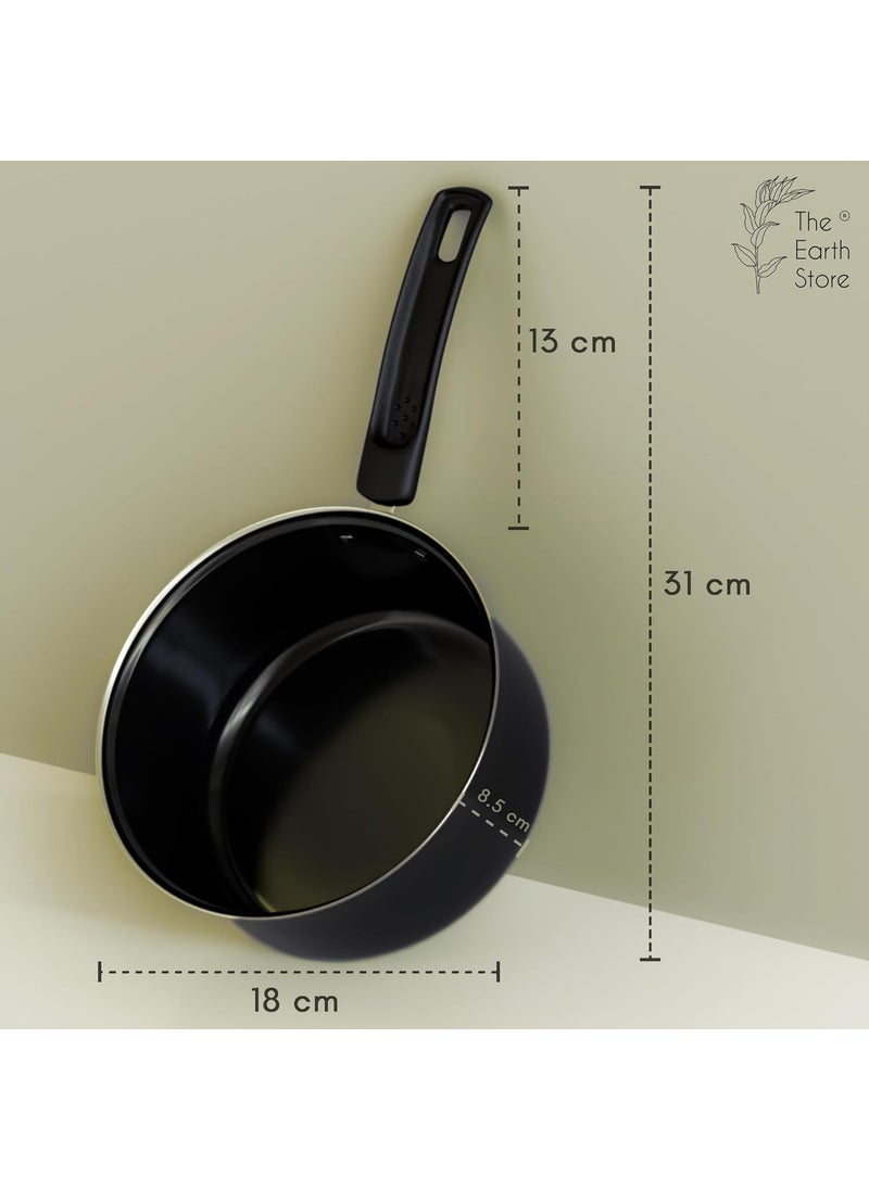 The Earth Store EcoLuxe Large Saucepan for Tea Milk and Chai Pan Induction Base and Gas Stove T Pan PatilaTeaMilk Boiling Pot Vessel Saucepan with Bakelite Handle 1600 ML Capacity 17cm Black