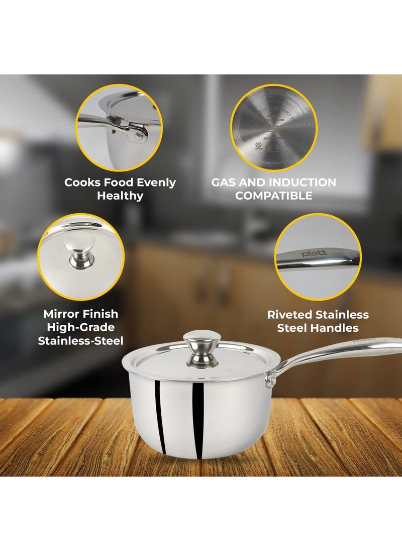 Platt Triton TriPly Stainless Steel 16cm Sauce Pan with Stainless Steel lid 25mm Thick Silver Gas and Induction Friendly 16cm