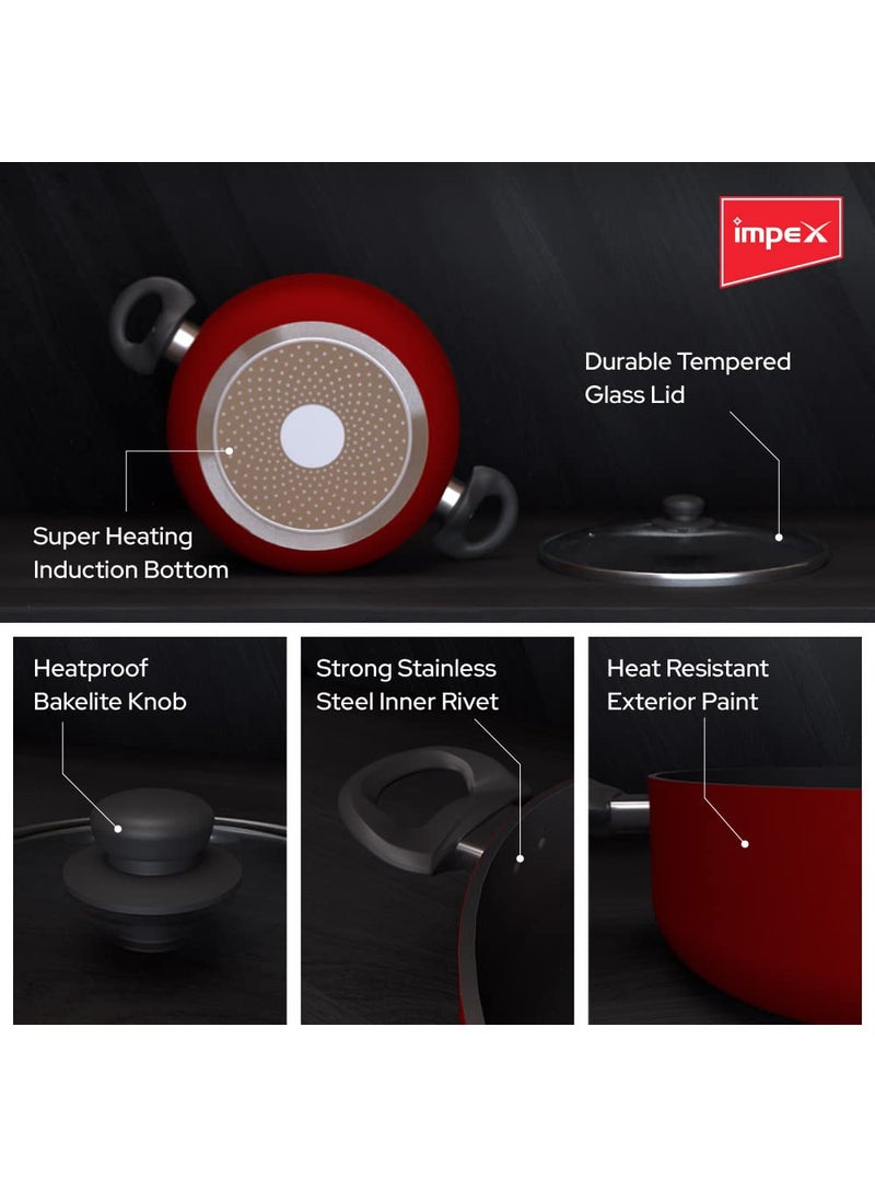 Impex Aluminium Greblon Sauce Pan ISP2411 3 Layers NonStick Sauce Pan Red Bakelite Handle Tempered Glass with Air Vent