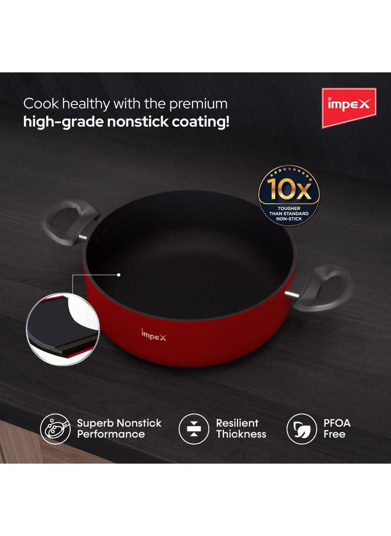 Impex Aluminium Greblon Sauce Pan ISP2411 3 Layers NonStick Sauce Pan Red Bakelite Handle Tempered Glass with Air Vent