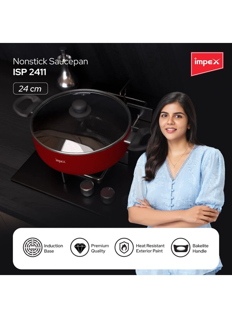 Impex Aluminium Greblon Sauce Pan ISP2411 3 Layers NonStick Sauce Pan Red Bakelite Handle Tempered Glass with Air Vent