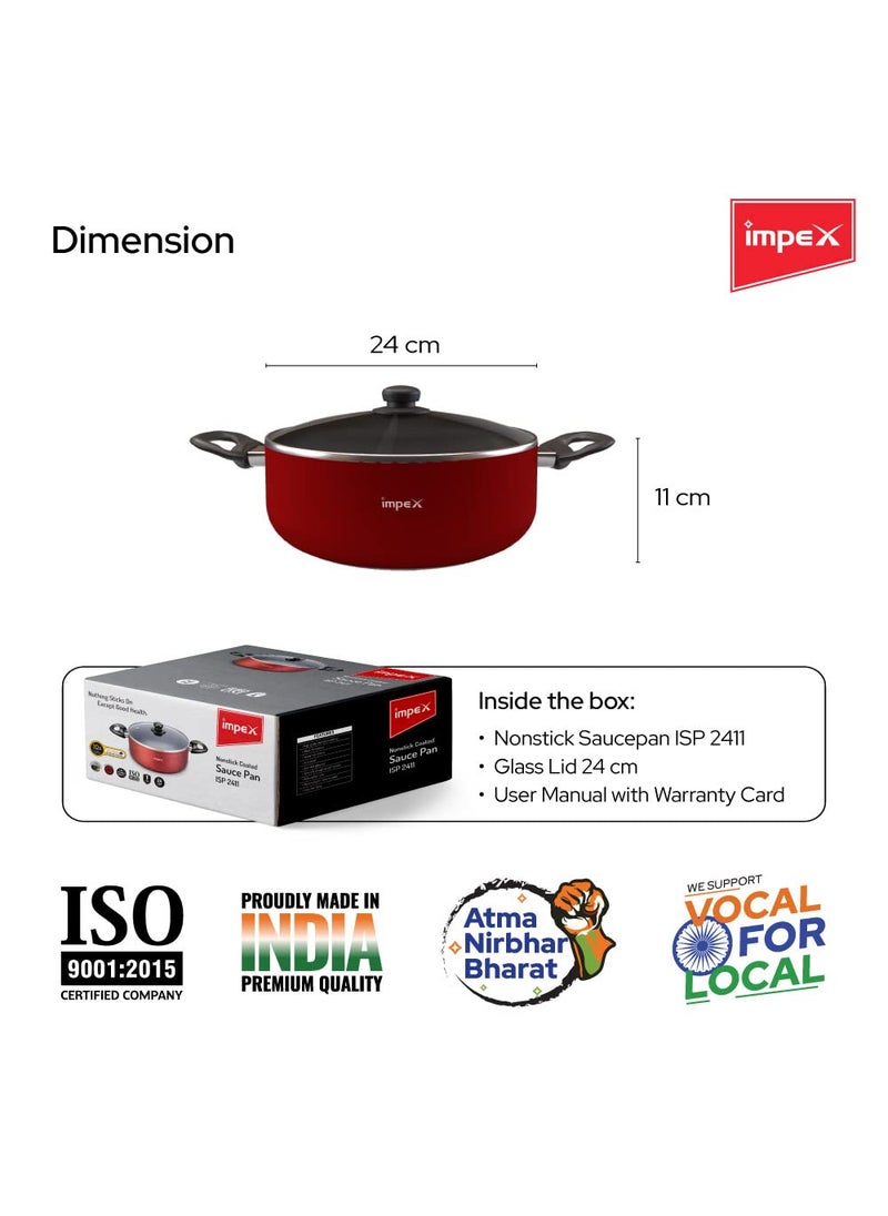 Impex Aluminium Greblon Sauce Pan ISP2411 3 Layers NonStick Sauce Pan Red Bakelite Handle Tempered Glass with Air Vent