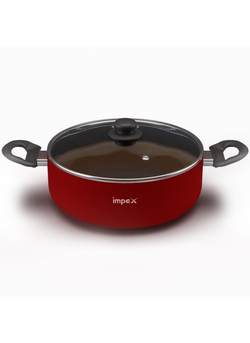 Impex Aluminium Greblon Sauce Pan ISP2411 3 Layers NonStick Sauce Pan Red Bakelite Handle Tempered Glass with Air Vent