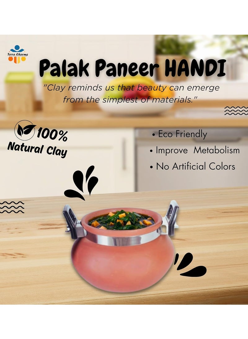 Terra Charms Terracotta Organic Clay Pot Cooking Serving for Palak Paneer Handi for Cooking with Lid and HandleMitti HandiDal Hand 15 LTR